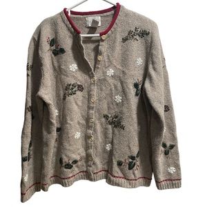 Christopher & Banks Hand Embroidered Button Down Sweater Winter Snowflakes sz.Lg